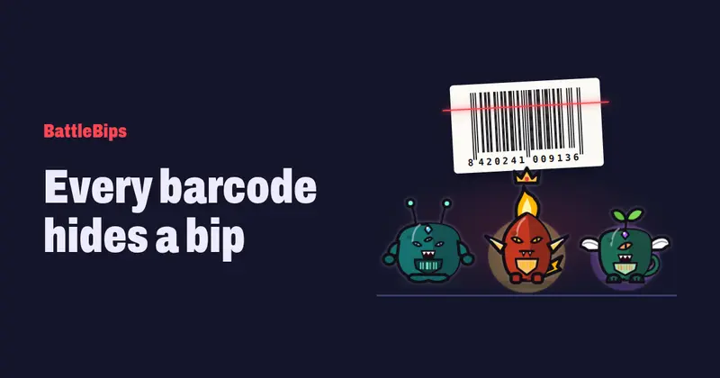 Three bips, the creatures of BattleBips, next to a barcode