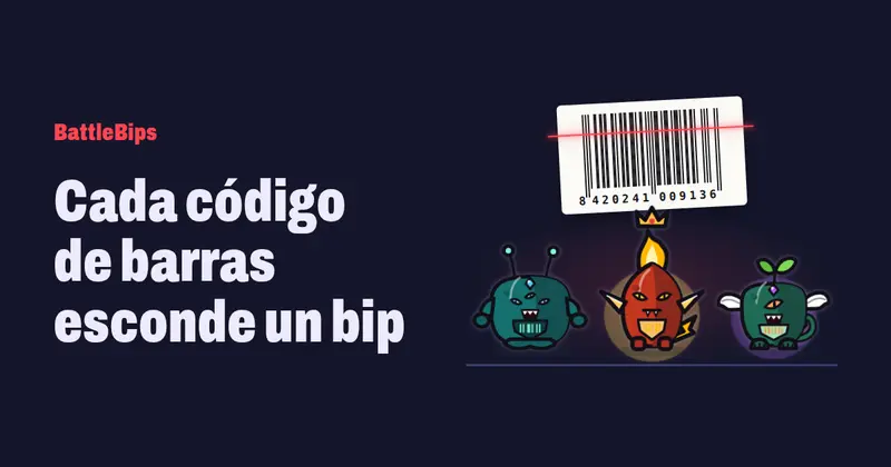 Tres bips, las criaturas de BattleBips, junto a un código de barras