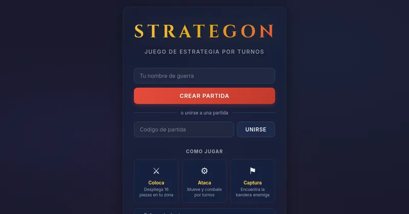 Strategon start screen, with the form to create or join a game